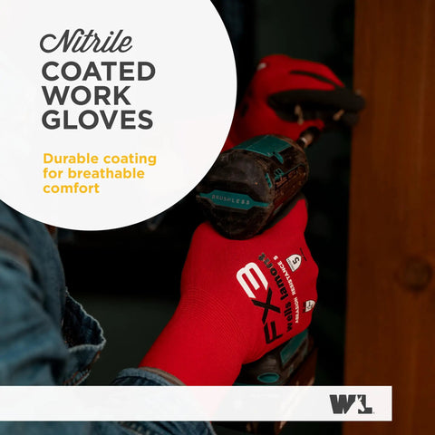 FX3 Nitrile Coated Grip Work Gloves For Tough Jobs, Tear And Abrasion Resistant, Heavy Duty Protection, Red Size Large handling a tool