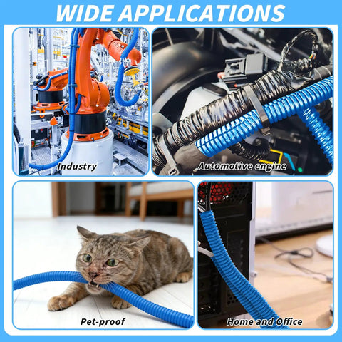 Blue Split Wire Loom Tubing Half Inch 250 Ft Auto Marine Wire Protector Conduit Kit uses shown in industry, automotive, pet-proof, home settings