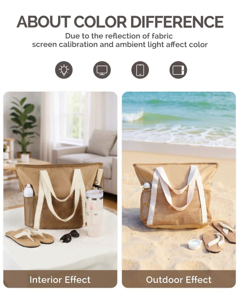 Mesh Beach Bag With Dry Wet Separation shown indoors and outdoors, highlighting color difference in sandproof water resistant tote.