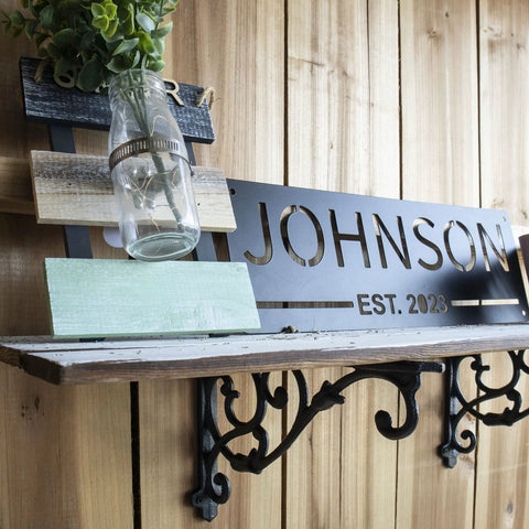 4 Pack Badass Cast Iron Shelf Brackets 11 By 7.5 Inch Antique Black Corbels with glass vase and decorative wooden shelves.
