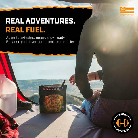 Camping scene with Breakfast Skillet Freeze Dried Camping And Backpacking Meal With Eggs Sausage Potatoes And Peppers High Protein 2 Servings