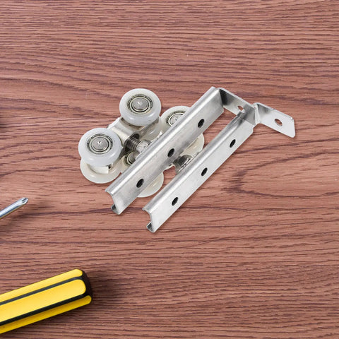 Top Notch Two Piece Stainless Steel Barn Door Roller Hardware With Foolproof Wall Mounted Track And Heavy Duty Wheels, detailed view of rollers and rail.