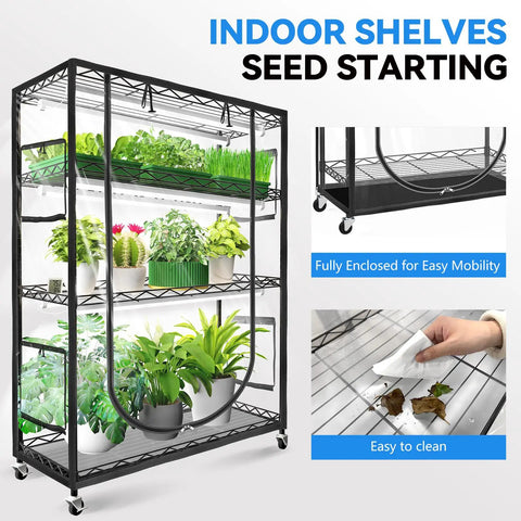 Indoor Greenhouse With Full Spectrum 5000K LED Grow Light Three-Foot Wide Grow Space For Seed Starting Five-Tier Adjustable Shelves