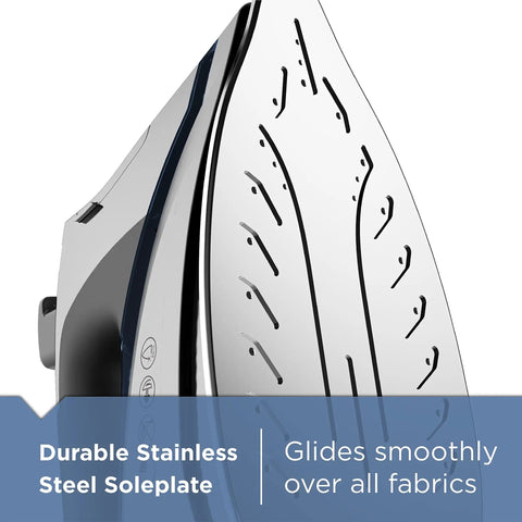 Close-up of stainless steel soleplate on Allure Professional Steam Iron With Dynamic Steam Technology For Quick Wrinkle Busting Blue Finish.