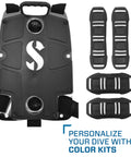 Stoked S Tek Pro System Tech Dive Rig with stainless back plate and black color kit, cushioned Monprene pads for shoulder support.
