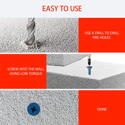 Installation steps of Heavy Duty Quarter Inch By One And Quarter Inch Blue Flat Head Concrete Screw Anchor Set