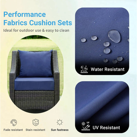 Outdoor Cushions For Patio Furniture Navy Blue Set Waterproof and Fade Resistant showing water resistance and UV protection features.