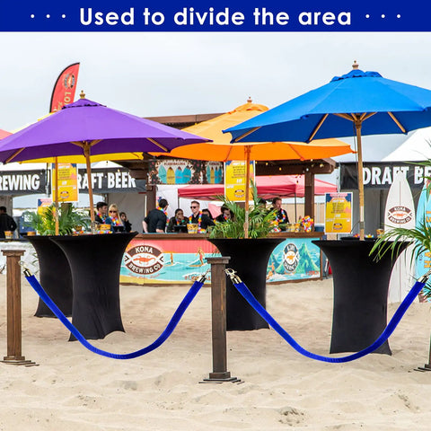 Blue Velvet Stanchion Rope With Polished Gold Hooks 4 Pack dividing beach event with umbrellas and tables