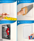 Step-by-step guide for the Heavy Duty Metal Access Panel for Drywall 12 x 12 Inches installation process with tools.