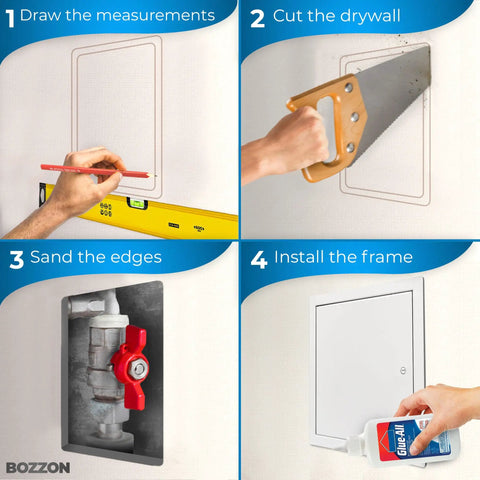 Step-by-step guide for the Heavy Duty Metal Access Panel for Drywall 12 x 12 Inches installation process with tools.