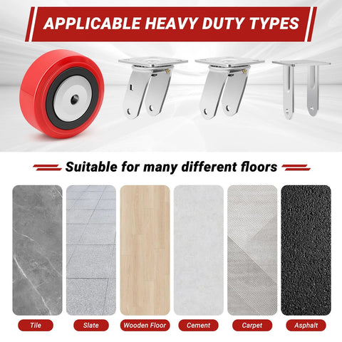 5 Inch By 2 Inch Caster Wheels With Polyurethane On Polyolefin Core showing compatibility with multiple floor types.