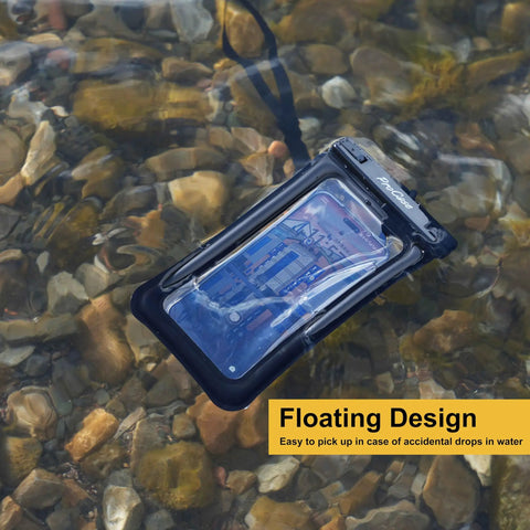 Floating Waterproof Phone Pouch IPX8 For Up To Seven Inch Screens Universal Dry Bag showing floating on water surface