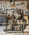Mobile Golf Storage Organizer For Garage With Locking Casters Heavy Duty Golf Bag Rack showcasing organized gear in a garage setting.