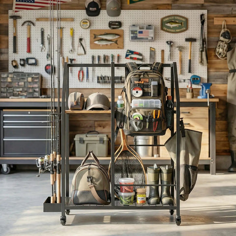 Mobile Golf Storage Organizer For Garage With Locking Casters Heavy Duty Golf Bag Rack showcasing organized gear in a garage setting.