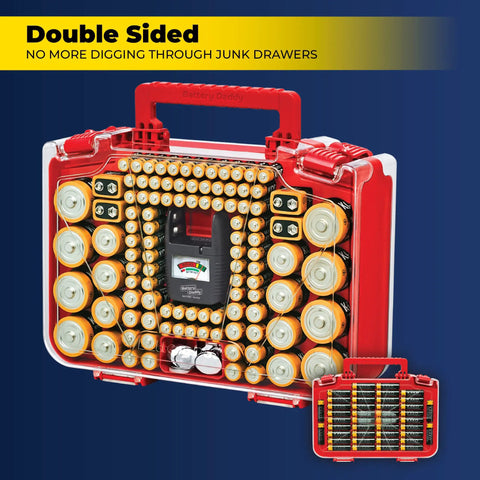 Smart Battery Organizer Case With Tester Double Sided Battery Daddy Style Storage That Holds Up To 150 Batteries Clear Locking Lid As Seen On TV Easy View Design For Fast Access And Safe Storage, showing open case filled with various batteries.