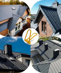 Collage of metal roofs with standing seam design and a yellow Standing Seam Roof Locker Tool For Metal Panels shown in the center