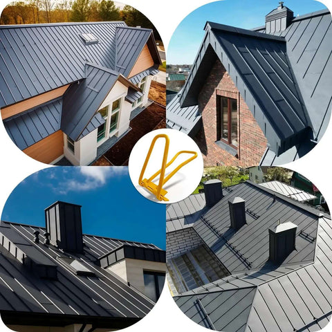 Collage of metal roofs with standing seam design and a yellow Standing Seam Roof Locker Tool For Metal Panels shown in the center