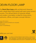 Adesso Devin floor lamp description highlighting black finish and grey cement accents for modern minimalist decor.