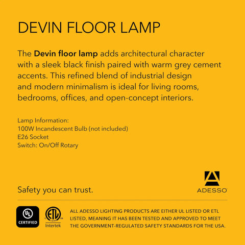 Adesso Devin floor lamp description highlighting black finish and grey cement accents for modern minimalist decor.