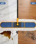Heavy Duty Industrial Dust Mop With Extra Wide Head And Long Wooden Handle For Swift No Mess Sweeping Includes Two Thick Cotton Pads, displaying wet and dry cleaning capabilities.