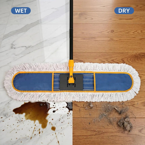 Heavy Duty Industrial Dust Mop With Extra Wide Head And Long Wooden Handle For Swift No Mess Sweeping Includes Two Thick Cotton Pads, displaying wet and dry cleaning capabilities.