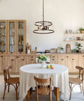 Farmhouse Bronze Drum Chandelier With Hemp Rope, 3 Light Dining Room And Kitchen Island Lighting, 16.5 Inch Diameter, open wire cage.