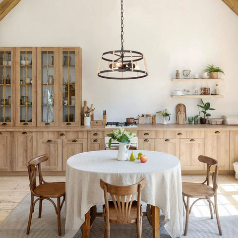 Farmhouse Bronze Drum Chandelier With Hemp Rope, 3 Light Dining Room And Kitchen Island Lighting, 16.5 Inch Diameter, open wire cage.