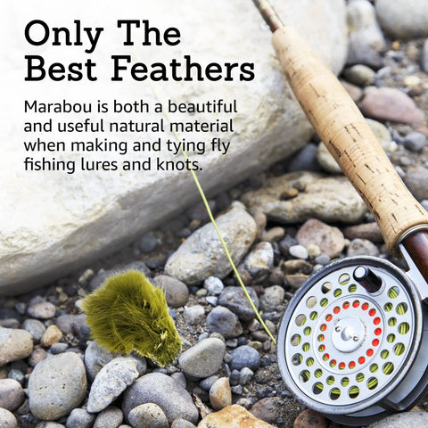 Fly fishing reel and Go To Marabou Feathers For Fly Tying Bundle on rocks by water.