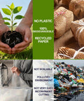 Collage showing eco-friendly packaging with plant, recycled honeycomb paper wrap, and environmental impact images.