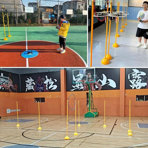Drone Obstacle Course Kit For RC FPV Racing, Indoor Outdoor Loop Gate Set on basketball court and gym, for precision flying practice.