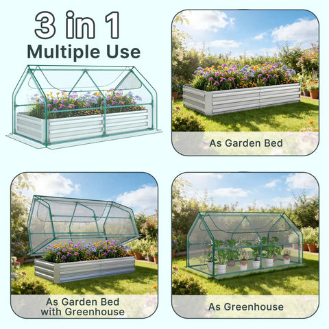All In One Raised Garden Bed With PE Cover And Greenhouse For Outdoors, Galvanized Planter Box 6x3x1 Ft With Two Large Zippered Screen Windows, Perfect For Vegetables Flowers And Herbs, Includes Labels And Gloves