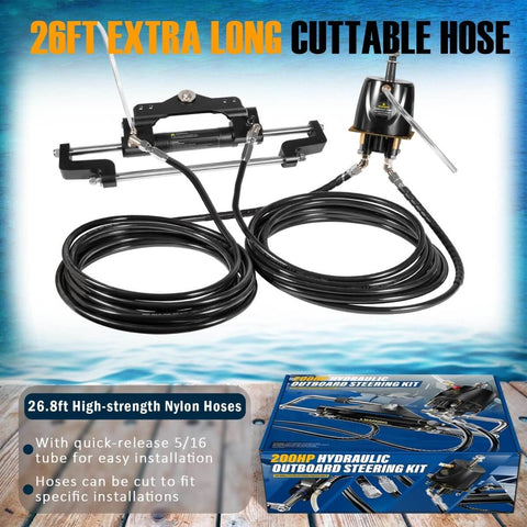 Beefed Up 200HP Hydraulic Outboard Steering Kit For Boats With Electroplated Steering Wheel, Helm Pump, 26Ft PU Hoses