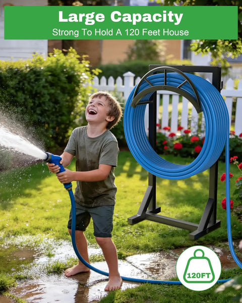 Heavy Duty Metal Garden Hose Holder And Hanger Freestanding Water Hose Storage Rack With Dual Tool Hooks in use by child.