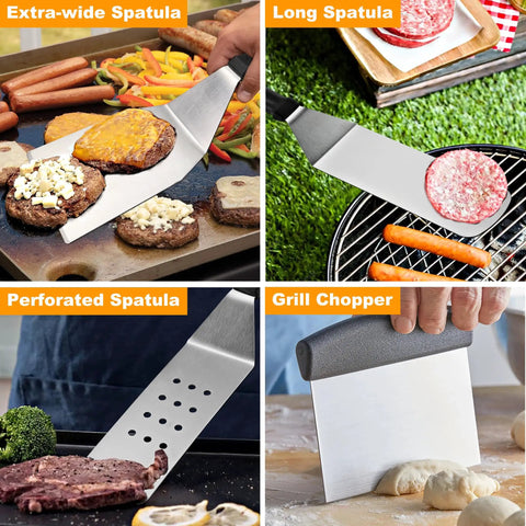 28 Piece Griddle Accessories Kit For Indoor Or Outdoor BBQ with extra-wide and long spatulas, perforated spatula, and grill chopper