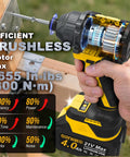 Beater Proof 21V Brushless Cordless Impact Driver Kit Yellow 2655 Inch Pounds Peak Torque demonstrating powerful torque on wood.