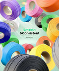 Colorful PLA filament rolls for 3D printing, featuring Premium 1.75mm Black PLA Filament Refill For Reusable Spools, 1kg, Built For Bambu Lab Printers.