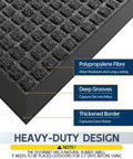 Close-up of All Weather Front Door Mat Indoor Outdoor 72 Inch By 36 Inch Non Slip Rubber Backing Welcome Floor Mat with labeled features.