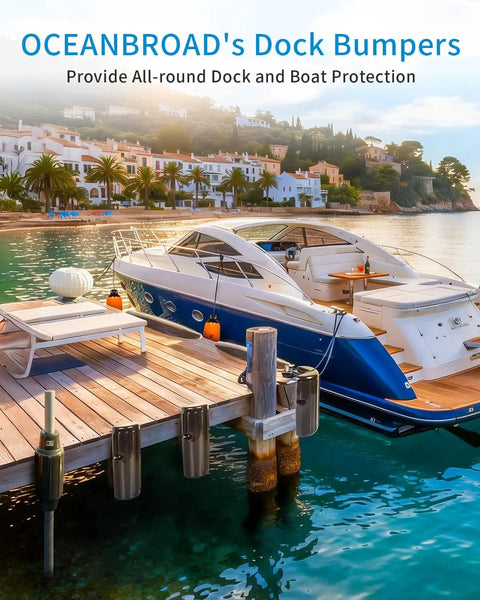 Dock Corner Wheel Bumper For Boats 12.6 Inch Inflatable Marine Grade PVC with yacht docked beside wooden pier