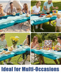 Forest Color Fitted Tablecloth For 6 Foot Folding Tables Waterproof Elastic Spandex Blend Stretch Washable Table Cover With Elastic Edges For A Snug Fit Ideal For Picnic Camping Outdoor 30 By 72 Inches in various outdoor settings featuring people dining al fresco with picnic food and beverages on tables with teal forest print.