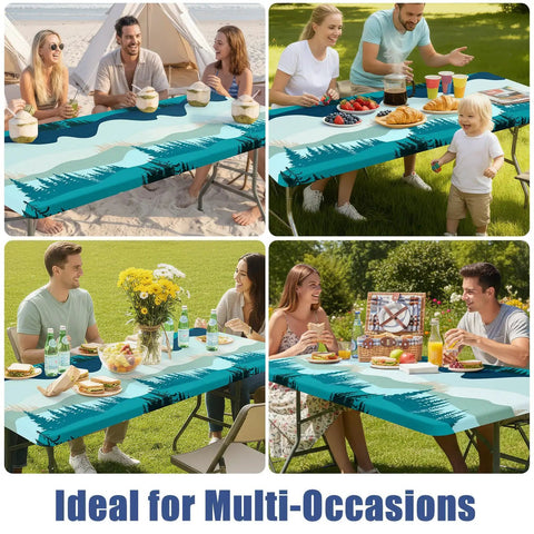 Forest Color Fitted Tablecloth For 6 Foot Folding Tables Waterproof Elastic Spandex Blend Stretch Washable Table Cover With Elastic Edges For A Snug Fit Ideal For Picnic Camping Outdoor 30 By 72 Inches in various outdoor settings featuring people dining al fresco with picnic food and beverages on tables with teal forest print.