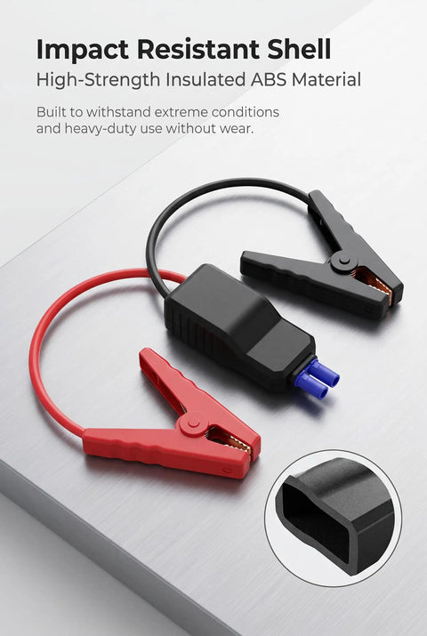 Heavy Duty Jump Starter Clamps With EC5 Connector 12V Portable Power Cables black and red clamps on a metal surface.