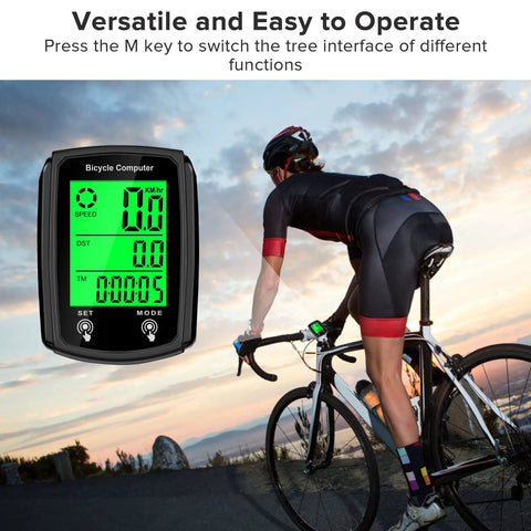 Cyclist viewing Bike Computer Odometer With Wired Speed Sensor MPH And KMH Readouts Auto Wake Up LCD Cycling Display on bike