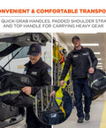 Firefighter carrying Arsenal 5008 Firefighter Turnout Gear And Safety Duffel Bag with black 1000D exterior and reflective strips.