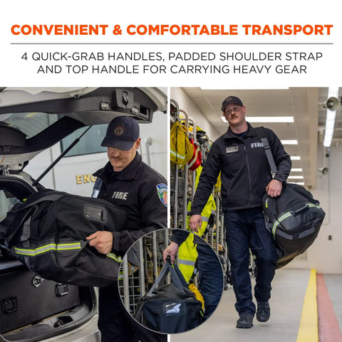 Firefighter carrying Arsenal 5008 Firefighter Turnout Gear And Safety Duffel Bag with black 1000D exterior and reflective strips.