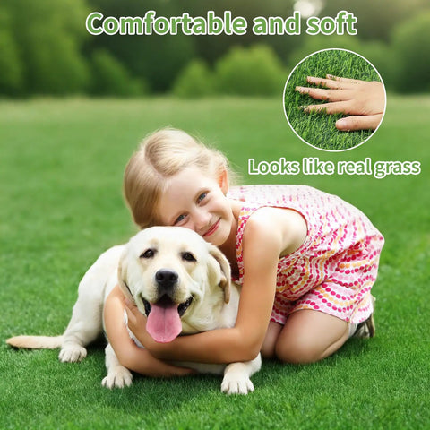Child hugging dog on Two Pack 30X20 Inch Dog Potty Grass Training Turf Mats With Drainage Holes, artificial grass close-up