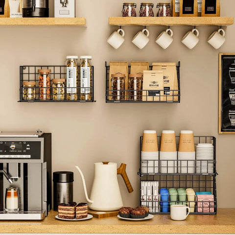 2 Tier Wall Mounted Coffee Organizer Stackable Condiment And Lid Dispenser With Dividers For Breakrooms And Office Countertops Black