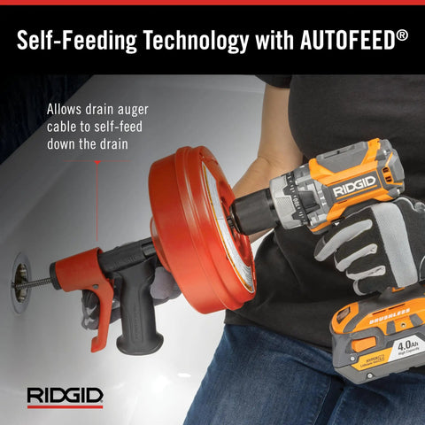 Power Spinner Drain Cleaner With AutoFeed Self Feed Cable for Drill Powered Operation being used in a bathtub drain.