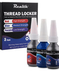 3 pack thread locker set for metal fasteners, red, blue, purple bottles for high, medium, and low strength sealing.