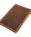 Personalized Leather Golf Yardage Book Holder and Scorecard Cover for Golfers in brown genuine full-grain leather with hand-stitched seams.