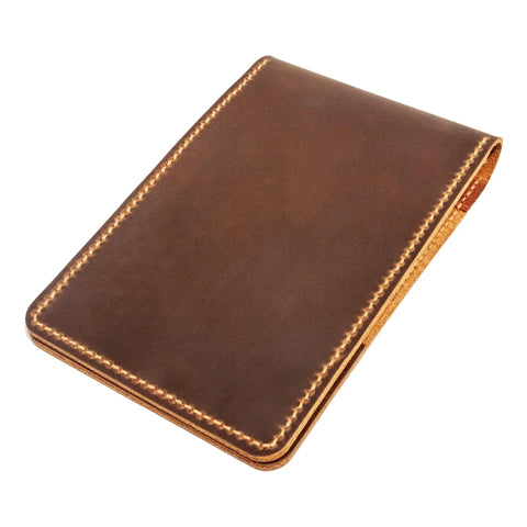 Personalized Leather Golf Yardage Book Holder and Scorecard Cover for Golfers in brown genuine full-grain leather with hand-stitched seams.